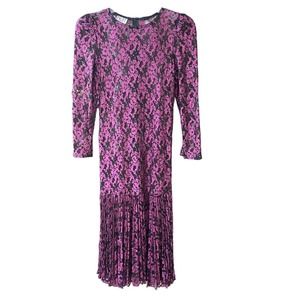Vintage NUIT Purple Lace Sheer Dress Size 8 Embellished Pleated F208